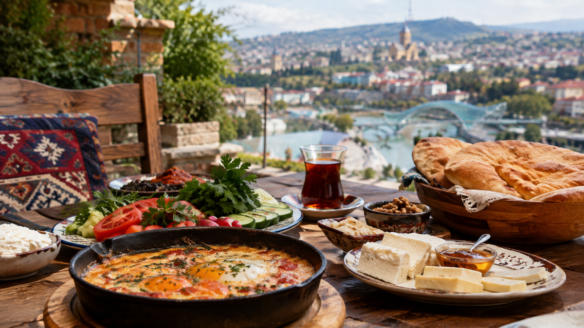 A rustic table set with chizhu-pizha egg-and-tomato skillet, fresh vegetables, cheeses, honey, puri bread, and tea, with the Bridge of Peace and Old Tbilisi visible beyond the terrace.