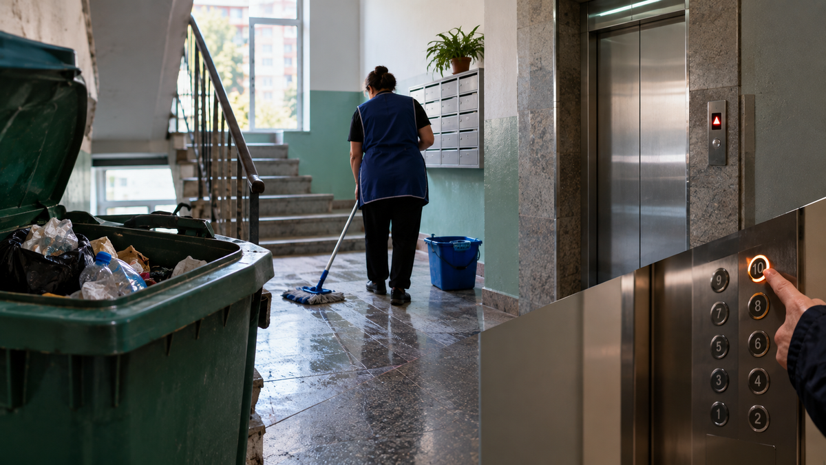 A split image of overflowing green trash bins beside a cleaner mopping a stairwell with mailboxes, and a hand pressing floor button 10 on an elevator panel.
