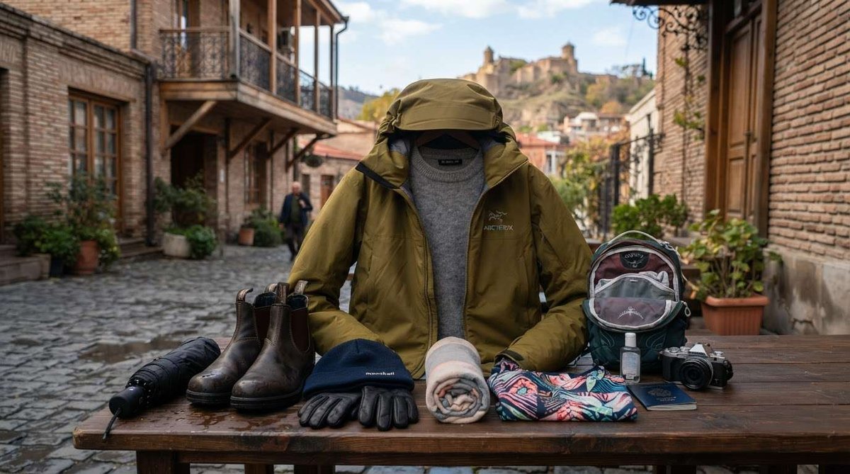 A rain jacket, boots, hat, gloves, umbrella, and backpack arranged on a wooden table, with a cobblestone street and hilltop fortress in the background.