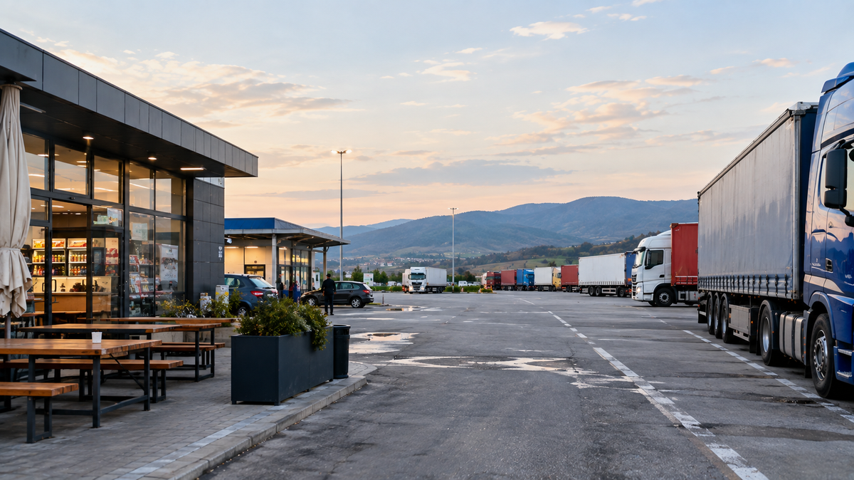 A row of parked freight trucks beside a rest-stop café with outdoor tables, mountains fading into the sunset in the background.