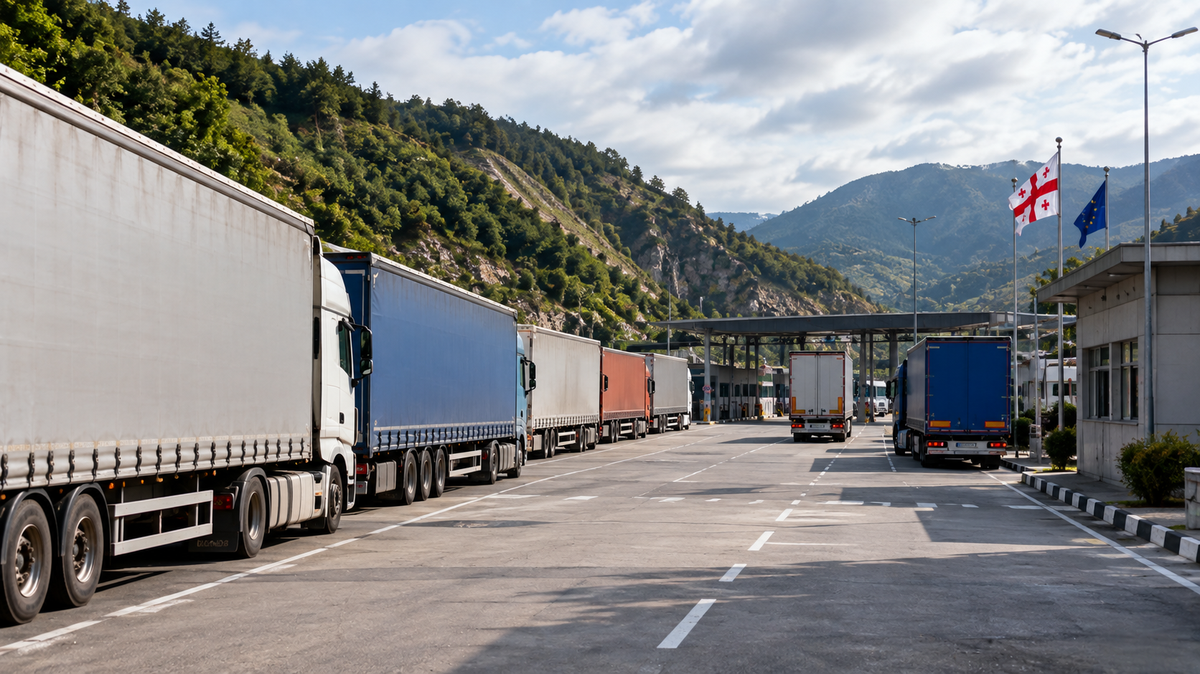 A line of freight trucks waiting to cross a mountain border checkpoint, with the Georgian and EU flags flying near the inspection booths.