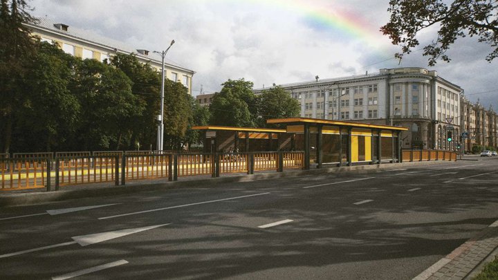 Square with city bus stops