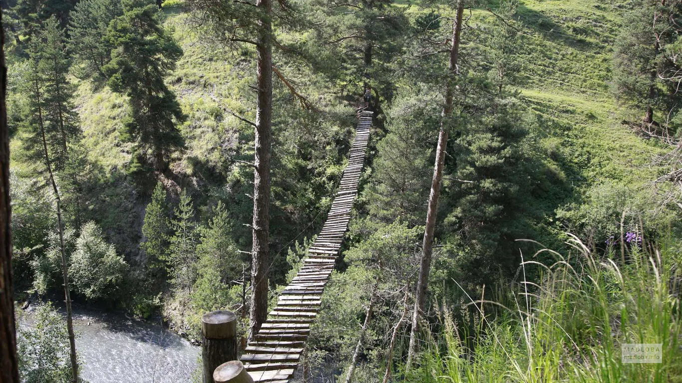 Подвесной деревянный мост через реку в Тушетском национальном парке