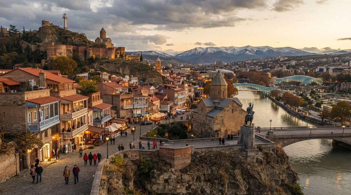 Old Tbilisi's terracotta rooftops and balconies overlook the river and Peace Bridge at dusk, with Narikala Fortress and snow-capped mountains in the background.