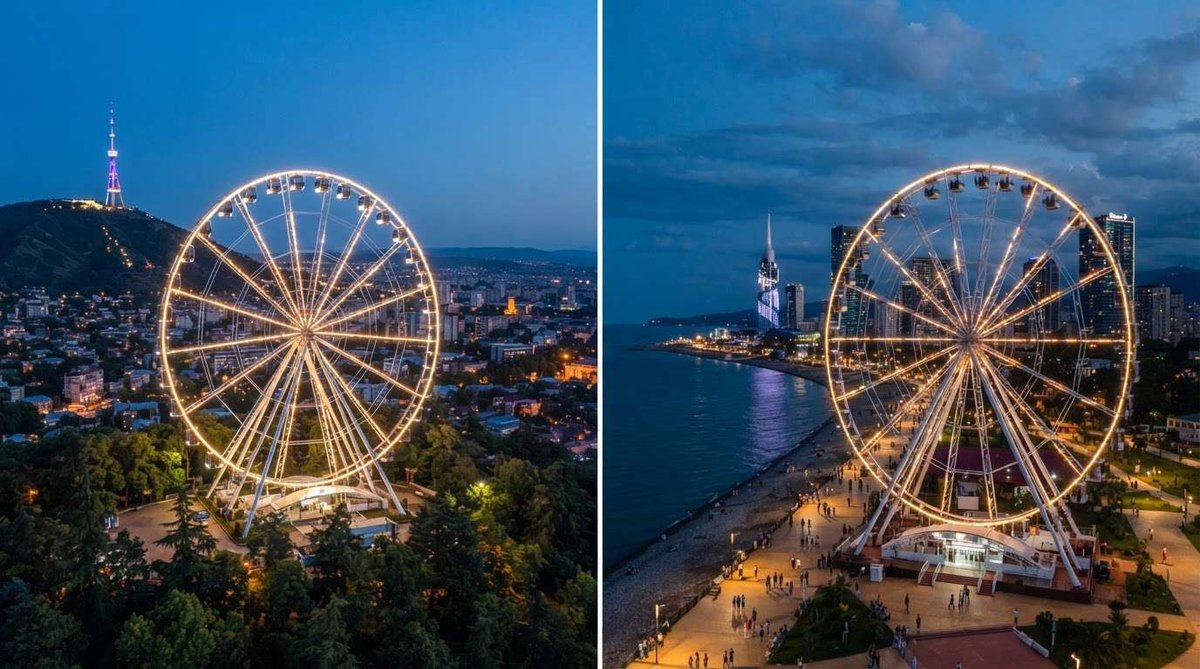 A split image comparing lit Ferris wheels at dusk — one on Tbilisi's wooded hillside with the TV tower behind it, the other beside Batumi's Black Sea coast with the city skyline and pedestrians on the boulevard.