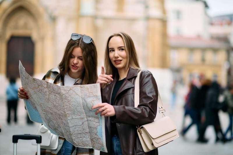 Two girls looking at a map on a city street