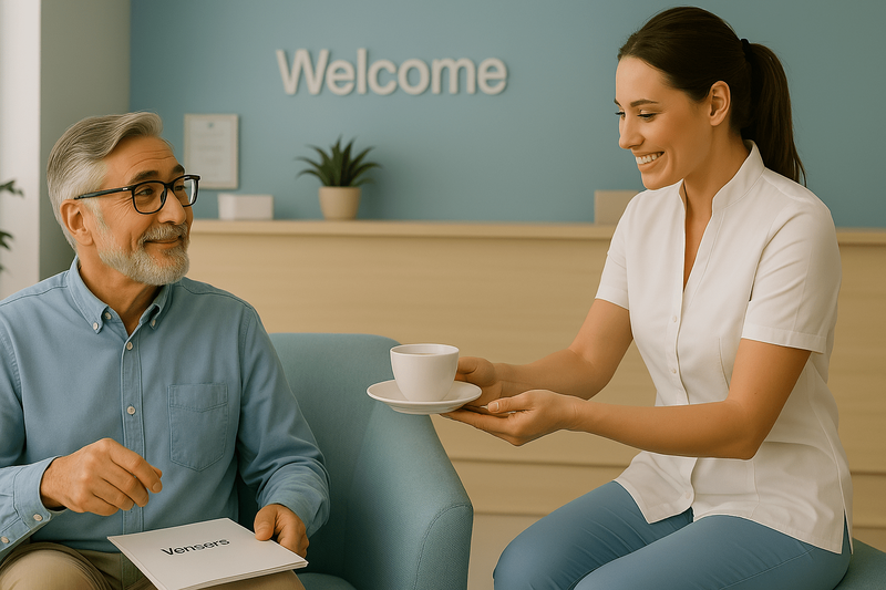 A doctor offers tea to an elderly man at a dentist's office
