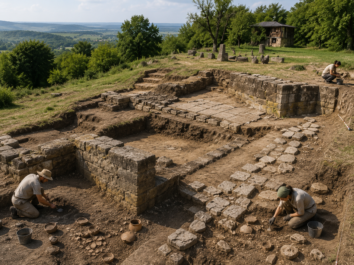 Archaeological excavations at the Vani settlement in Western Georgia, showing ancient stone ruins, pottery fragments, and researchers working at a Colchian-era site.