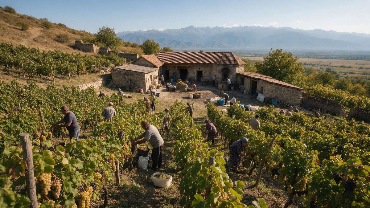 A short caption: family and neighbors hand-picking grapes during rtveli in the Alazani Valley, with a traditional stone marani and the Caucasus mountains in the background.