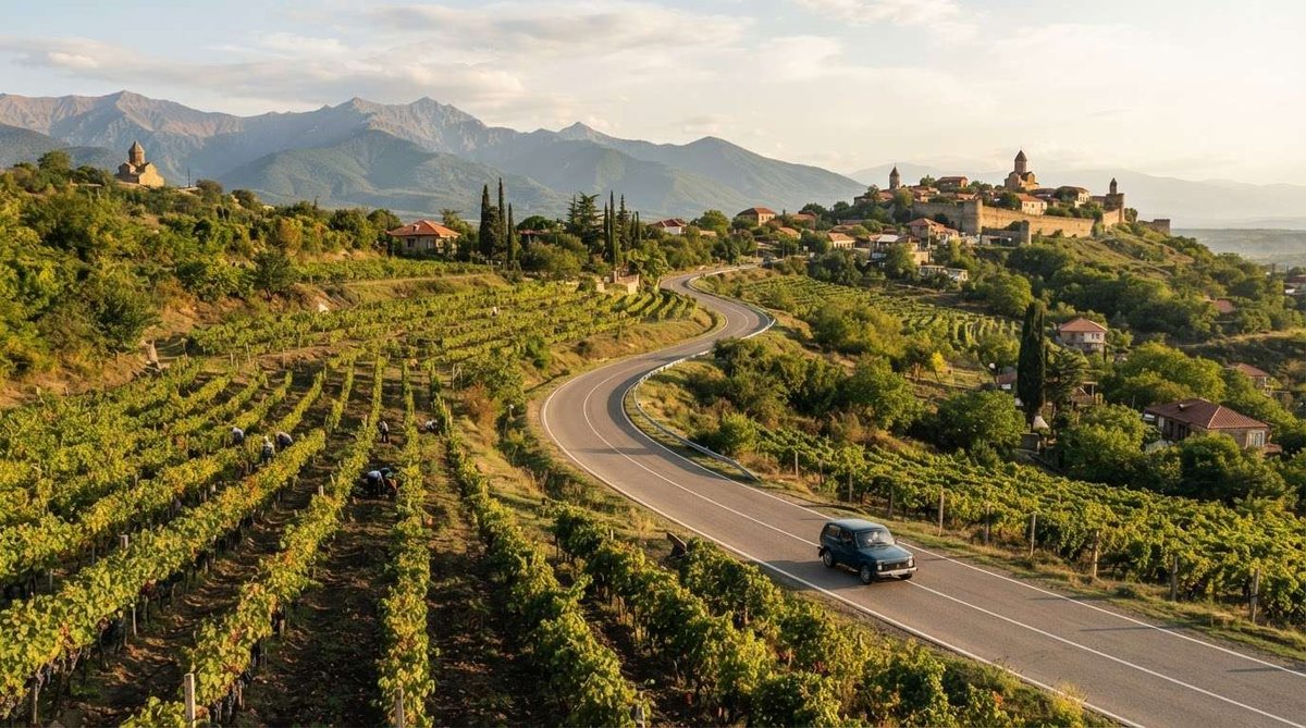 A car driving a curving road past rows of vineyards with workers harvesting grapes, leading toward a hilltop monastery and village beneath the Caucasus mountains.