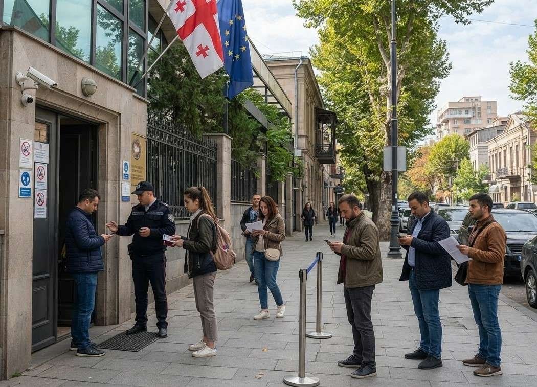 A line of people checking documents on their phones outside an embassy gate with Georgian and EU flags, as a security officer checks in visitors.