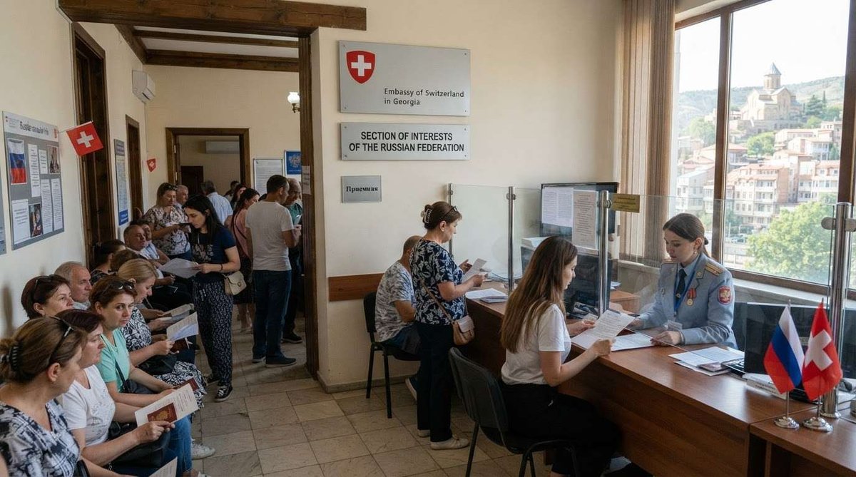 People queuing with documents in a corridor marked "Section of Interests of the Russian Federation" within the Swiss Embassy building, with staff processing paperwork at a desk by a window overlooking Tbilisi.