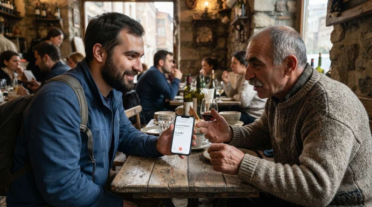 A traveler shows a translation app's screen to an older local man at a restaurant table, illustrating how voice translation works for short exchanges.