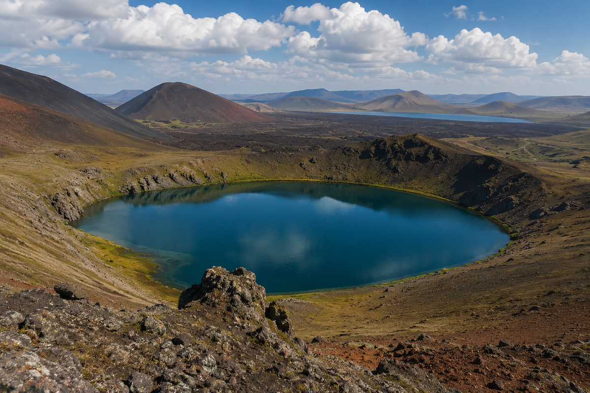 A panoramic view of the volcanic landscape of the Javakheti Plateau, where ancient eruptions created dozens of mountain lakes.
