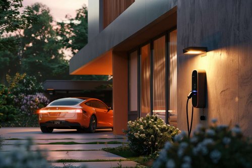 An orange electric sedan sits in a driveway near a modern house as a wall-mounted charging unit glows beside the entrance at twilight.
