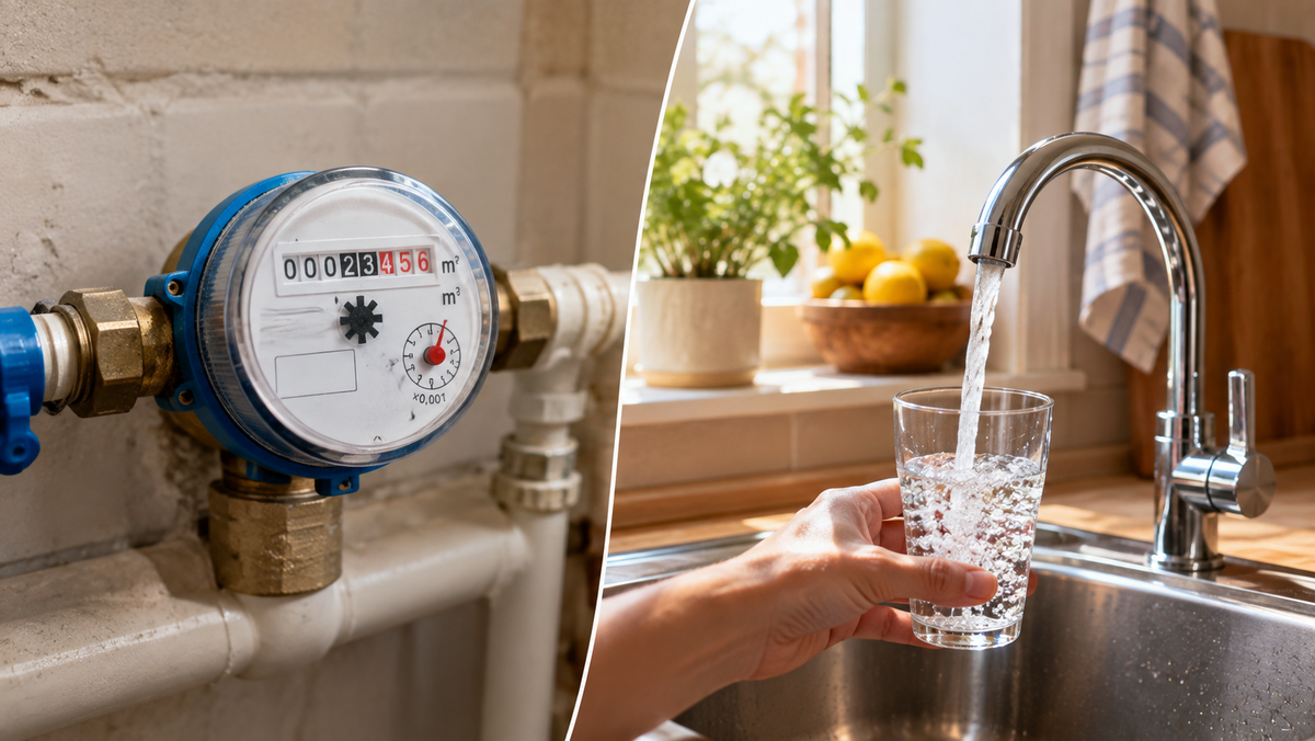 A split image of a wall-mounted water meter beside a radiator, and a hand filling a glass from a kitchen faucet near a window with lemons and a plant.