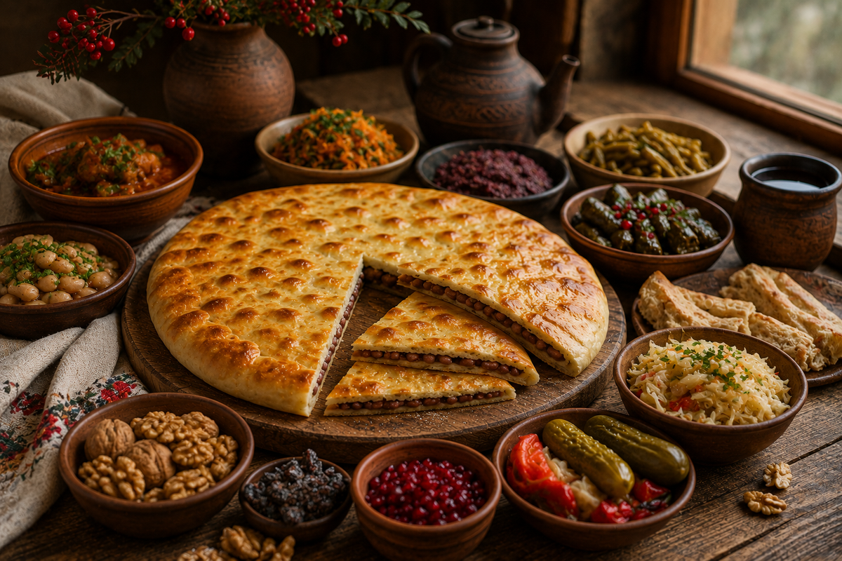 A traditional Barbaroba table features lobiani along with a variety of simple Georgian fasting dishes and homemade treats.