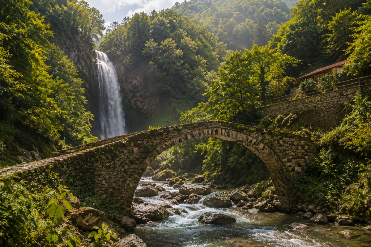 A mountain waterfall, green gorge and old stone bridge show how Adjara’s historic routes are best explored together with nearby natural landmarks.