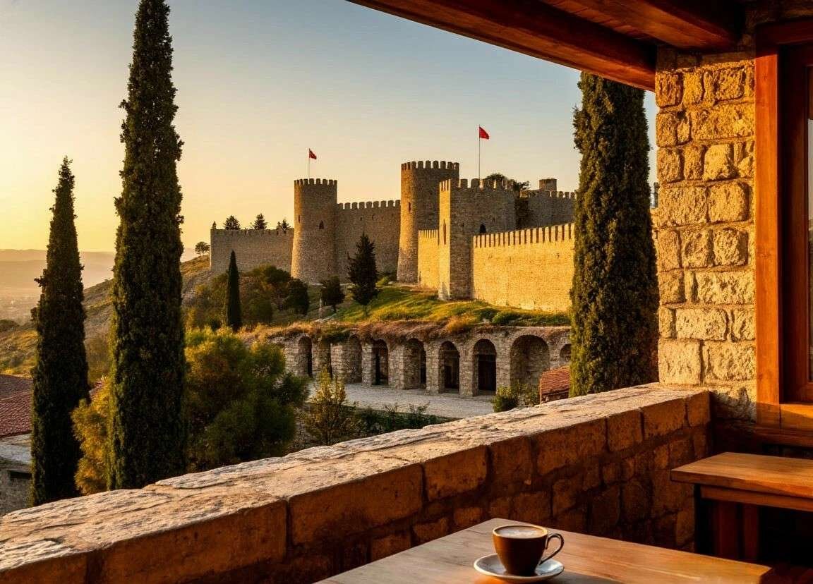 a cozy guesthouse terrace with stone wall, wooden table, a cup of Georgian coffee.  Background: the impressive fortress walls and towers of Rabat Castle during golden hour