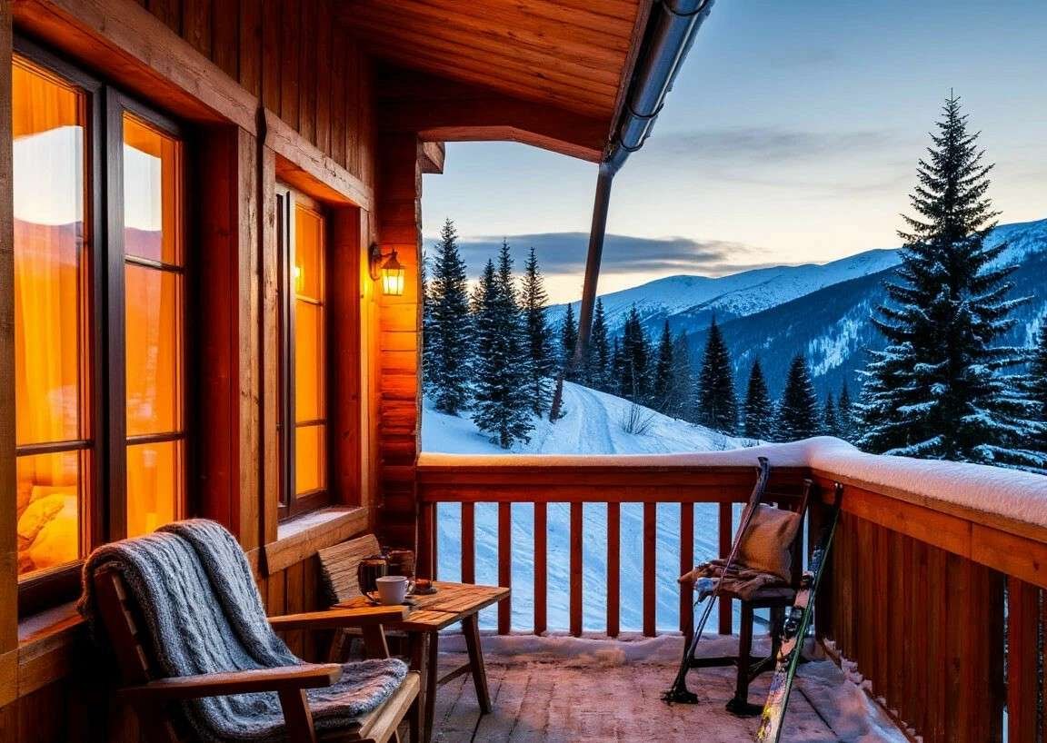 a warm wooden cottage or apartment balcony with soft glowing windows, a pair of skis leaning against the railing, wool blankets on a chair, and a small wooden table with a mug of hot drink