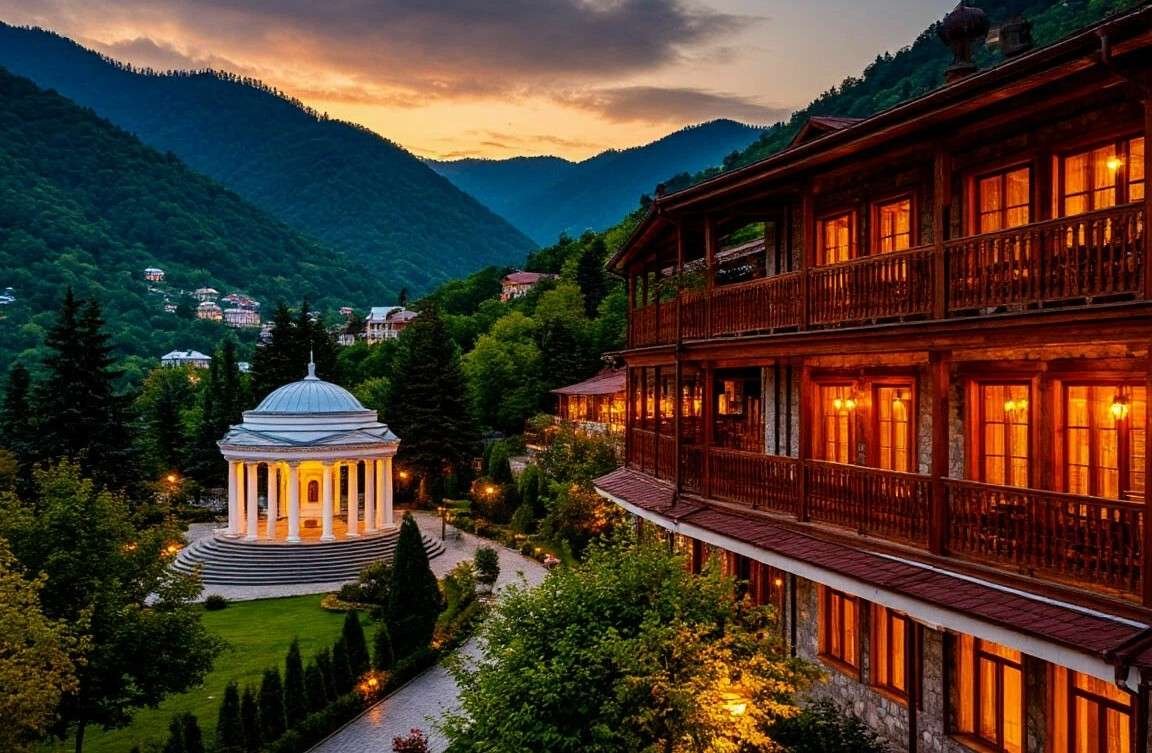 A cozy and atmospheric wide shot of Borjomi — view of the central park alley