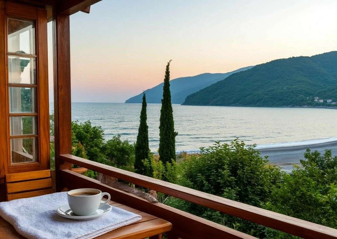 a cozy balcony of a small guesthouse with wooden railing, a cup of coffee, a towel draped over the railing, and a view of the Black Sea