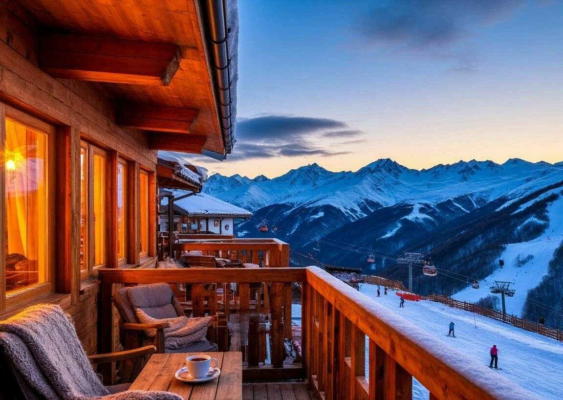 a cozy wooden chalet with warm glowing windows, snow-covered roof, and a wooden balcony with a cup of hot drink and wool blanket