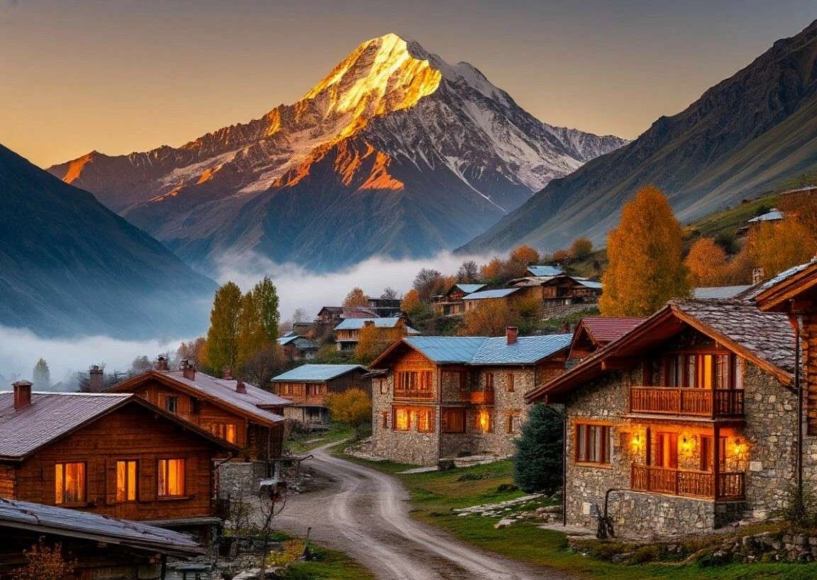 In the foreground, a charming mix of cozy guesthouses, small boutique hotels, and traditional stone cottages with warm glowing windows