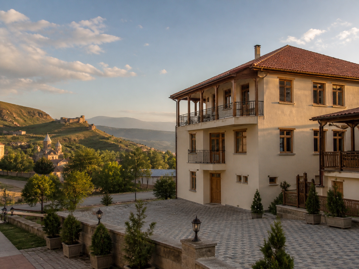 A cozy small hotel set against the backdrop of the region's natural landscape — green hills, a road, and ancient architecture