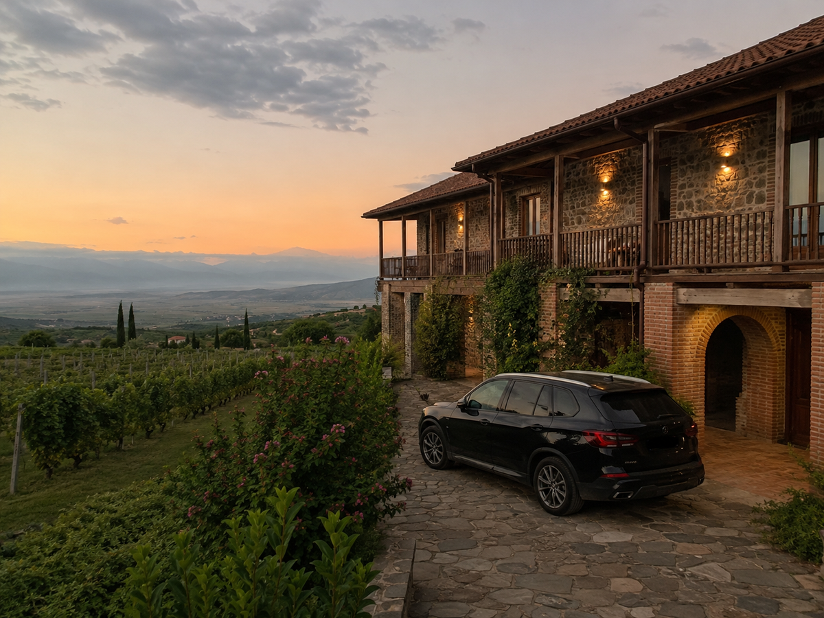 Wine boutique hotel in Kakheti, evening, car parked at the entrance, vineyards, hills and landscape in the background