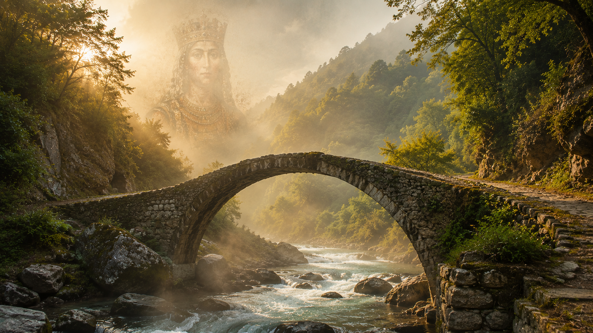 A misty stone arch bridge in Adjara reflects the legend of Queen Tamar and the medieval heritage of mountain Georgia.