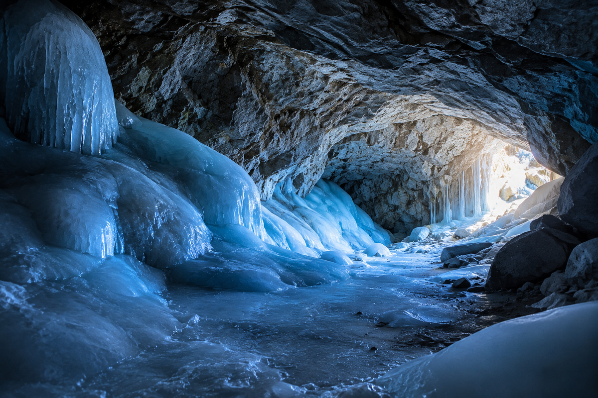 Learn how natural air circulation keeps ice frozen inside mountain caves throughout the year.