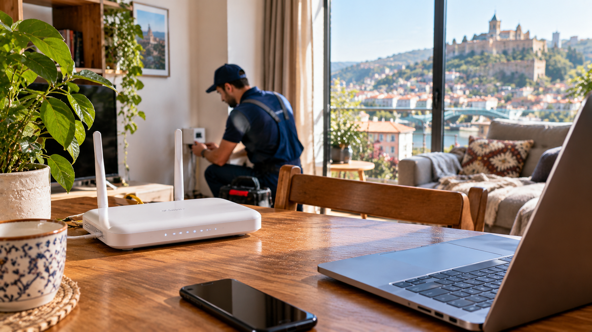 A Wi-Fi router, laptop, and phone on a table while a technician installs equipment on the wall, with Narikala Fortress and the city visible through the window.