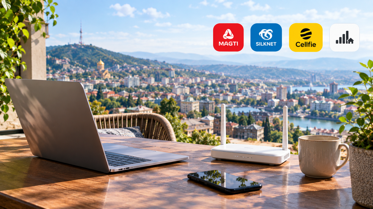 A laptop, phone, coffee mug, and Wi-Fi router on a terrace table, with Magti, Silknet, and Cellfie logos overlaid above a panoramic view of Tbilisi and the river.