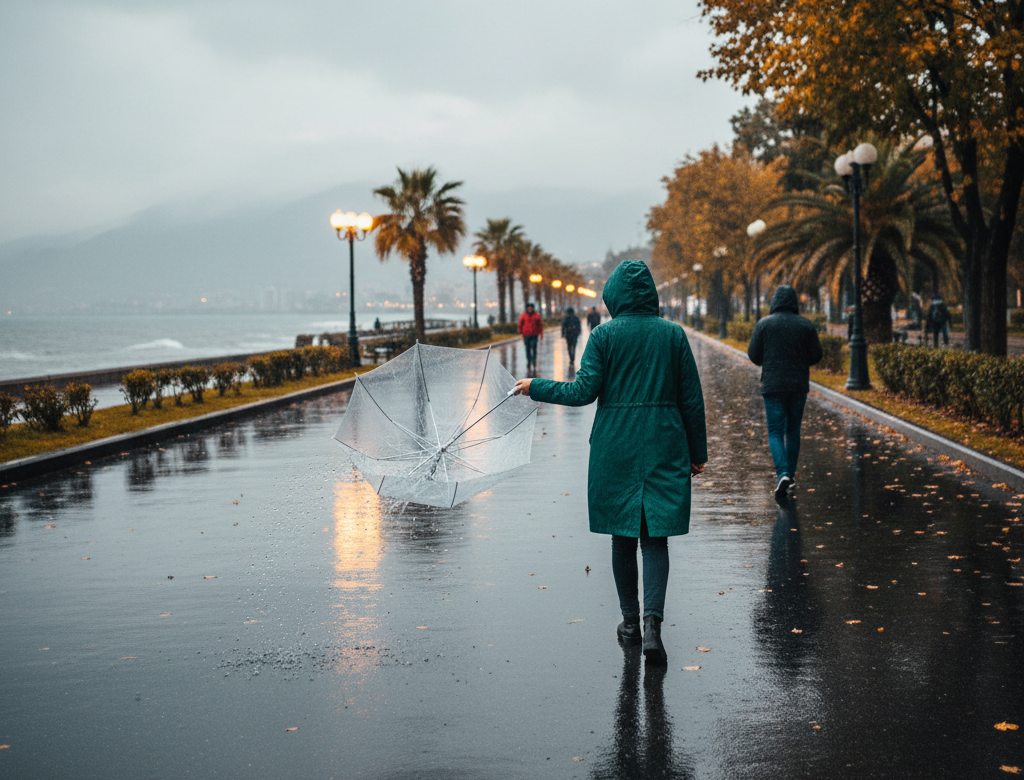 A gust flips a pedestrian's umbrella inside out on the rain-soaked seaside boulevard, with autumn palms and streetlights lining the promenade.