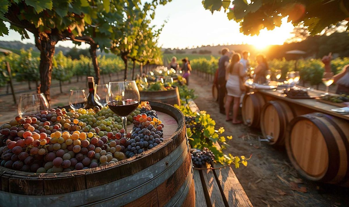 A wine barrel heaped with red and green grape clusters and a filled wine glass, with guests gathered at a barrel-top table among the vines at sunset.