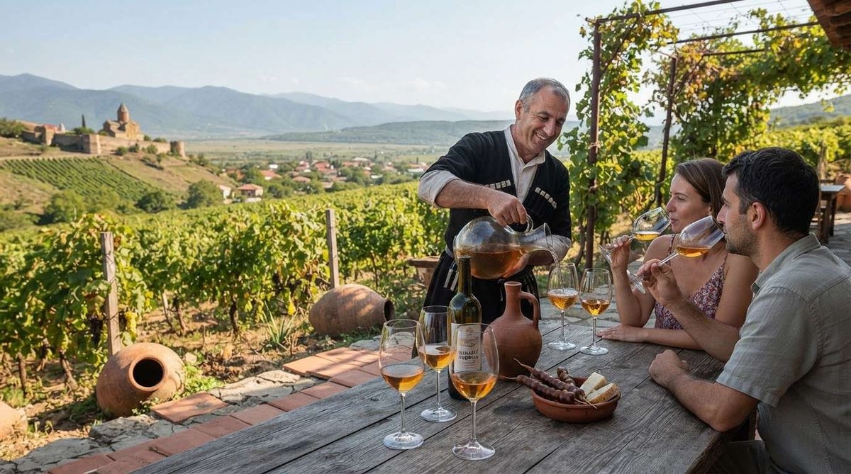 A host in traditional dress pouring amber wine for guests at an outdoor table with cheese and churchkhela, overlooking vineyards and a hilltop monastery in the valley below.