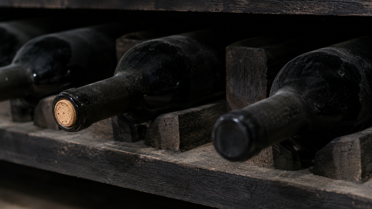 Wine bottles stored lying down in a wooden rack in a cellar.