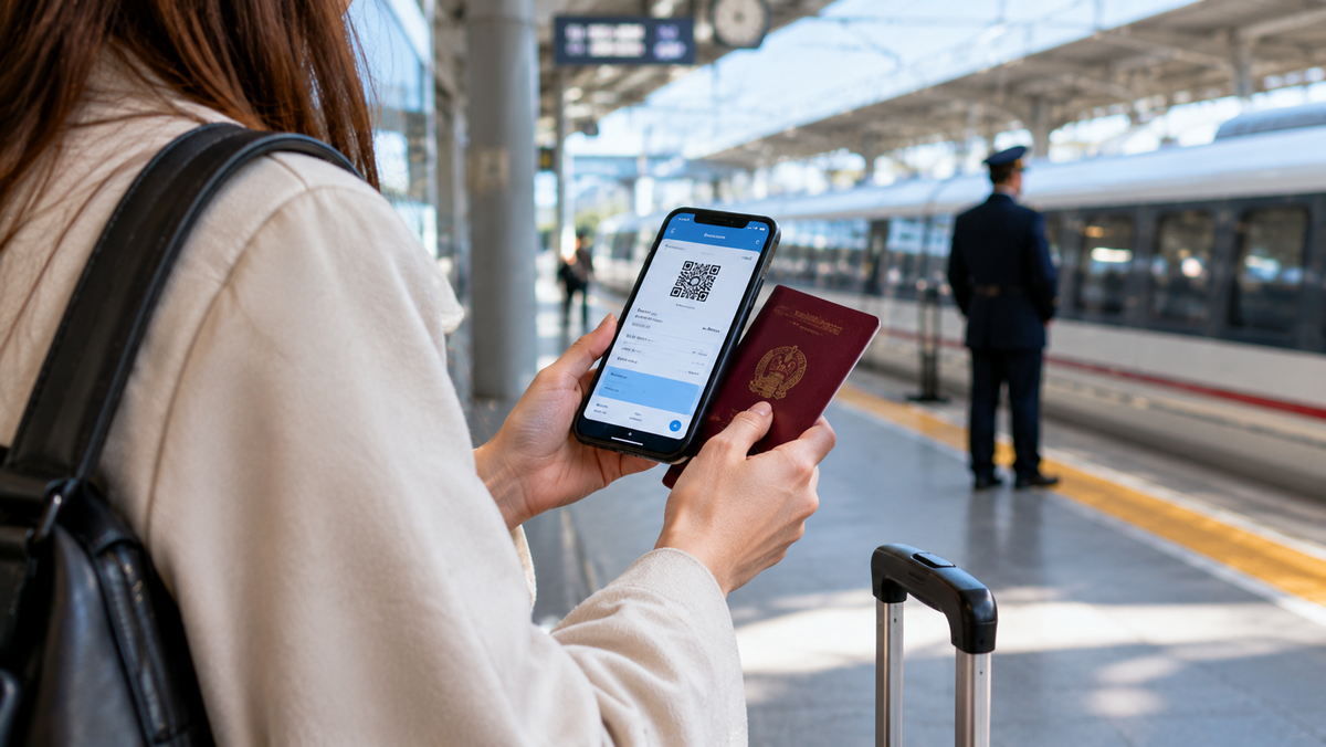 A woman holding her phone with a QR ticket and passport, with a train conductor and train waiting on the platform behind her.