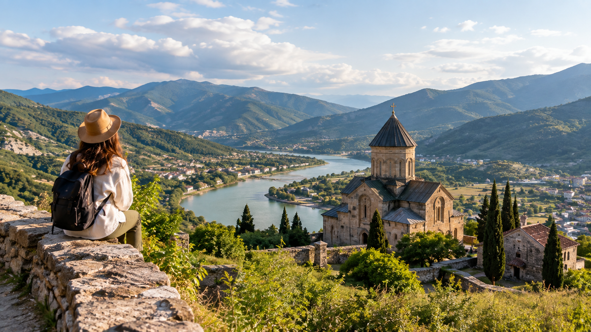 A woman in a hat sitting on a stone wall overlooking a domed monastery beside a river, with green mountains stretching into the distance.