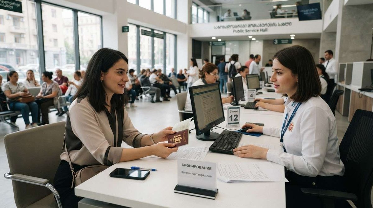 A woman handing her passport to a clerk at a "Booking" desk, with a queue number board and rows of seated visitors in the background.