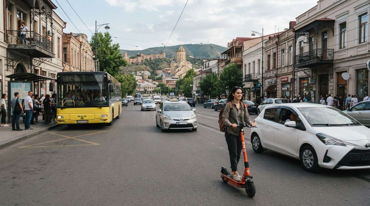 A woman riding an orange e-scooter down a city street surrounded by cars, a bus, and pedestrians, with Narikala Fortress visible on the hillside behind.