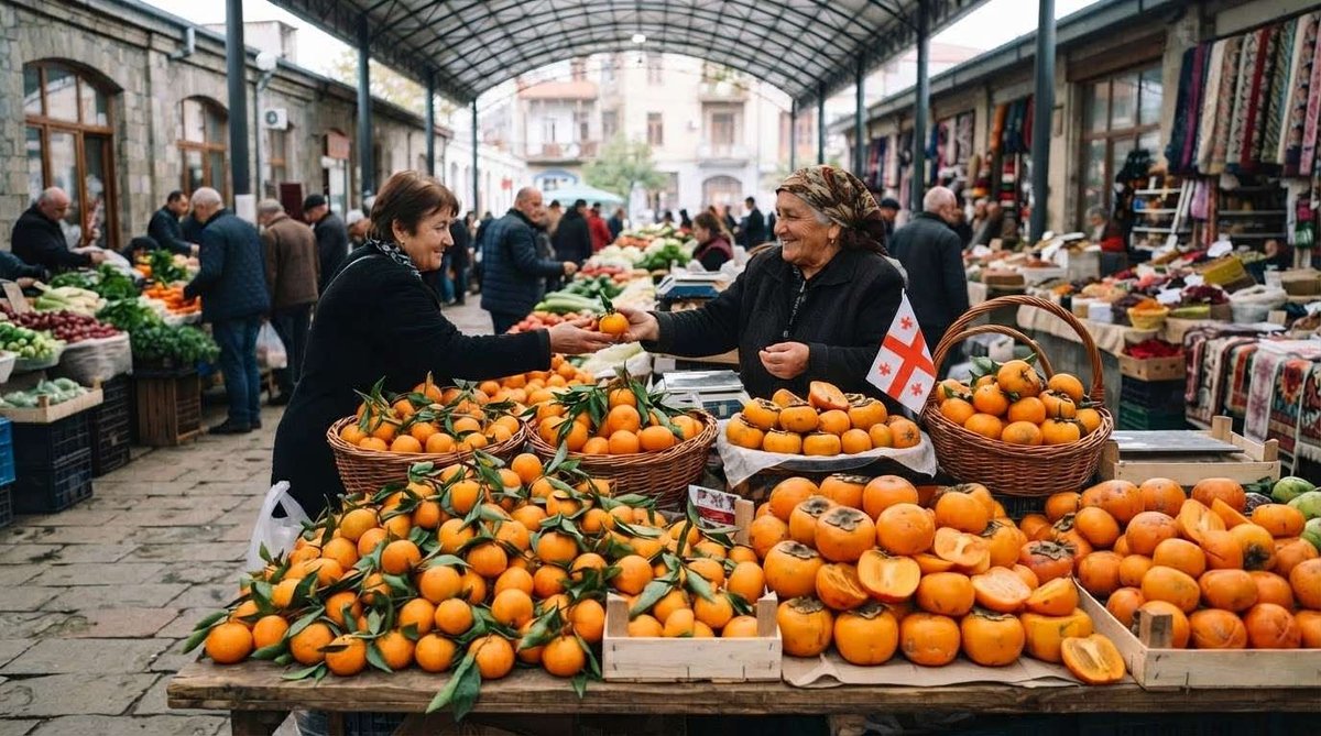 A market vendor handing mandarins to a customer at a covered stall piled with mandarins and persimmons, decorated with a small Georgian flag.