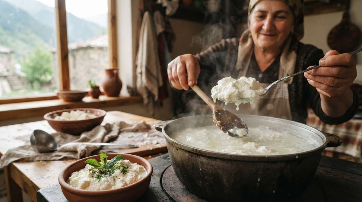 A woman in a headscarf lifts soft white curds with a spoon from a steaming pot, with bowls of nadugi already collected on the table.