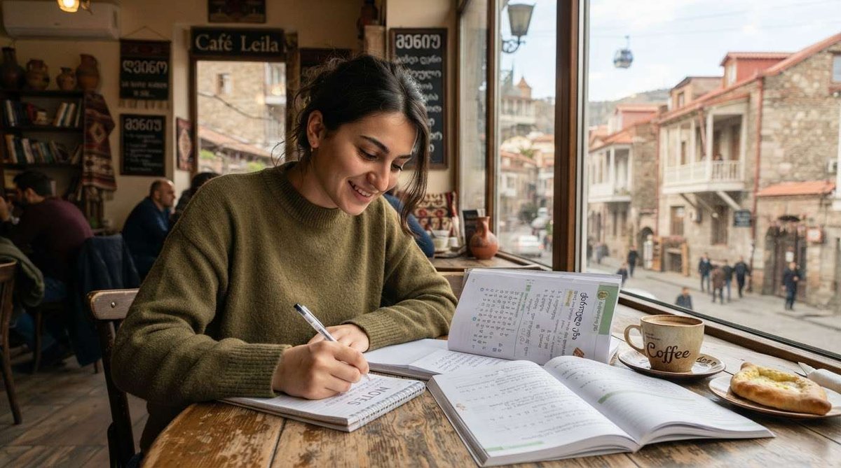 A woman writing in a notebook beside a Georgian alphabet workbook and coffee, with Old Tbilisi's cobblestone street visible through the café window.