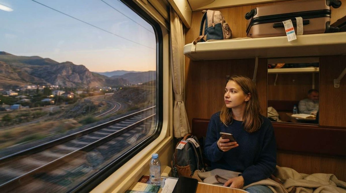 oung woman traveling by train through the Caucasus from Baku toward Tbilisi.