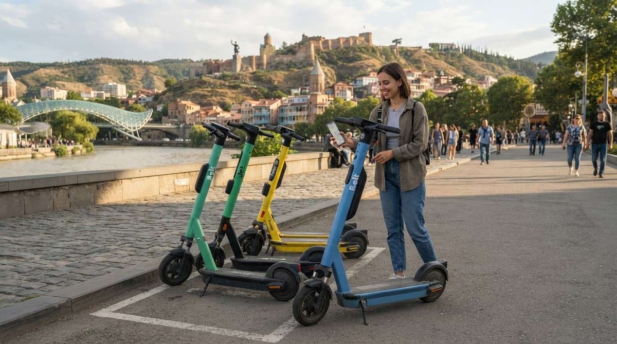A woman scanning an app to unlock a scooter from a row of parked e-scooters on the riverside promenade, with the Peace Bridge and Narikala Fortress visible across the water.