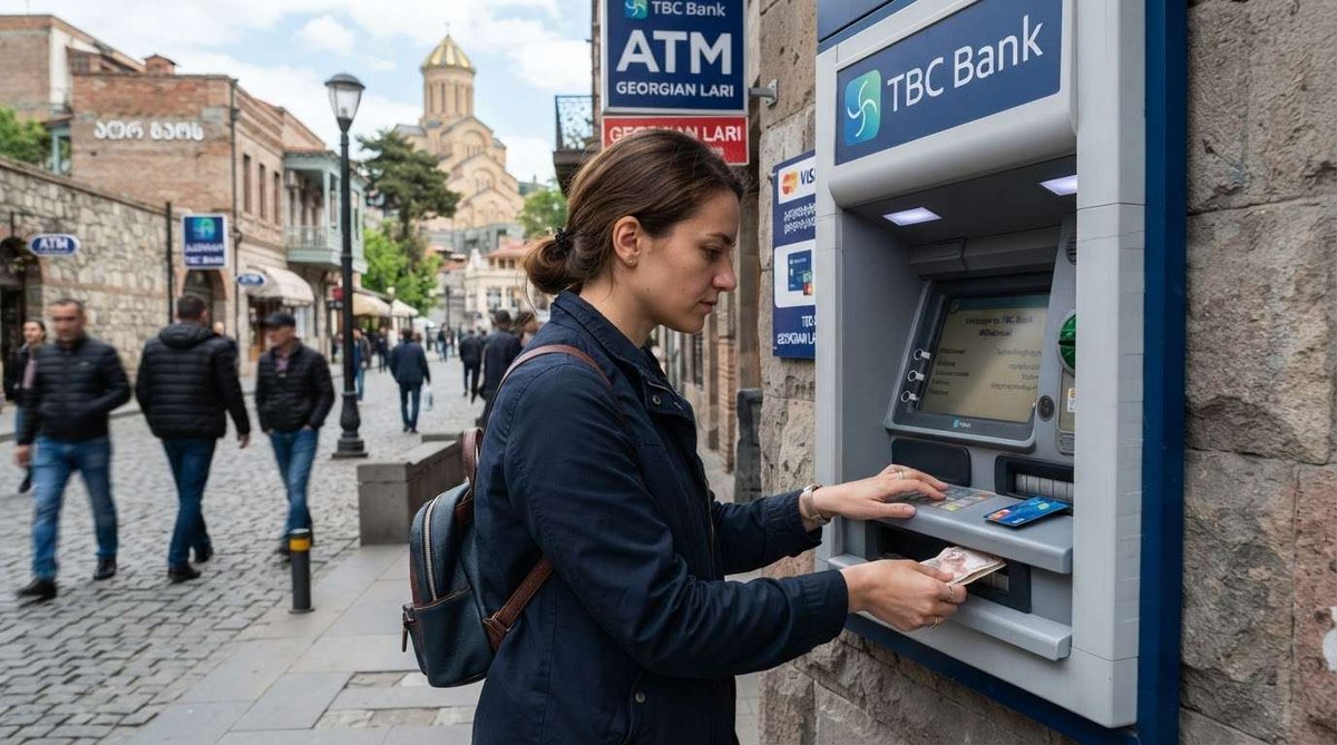 A woman using a TBC Bank ATM on a cobblestone street, holding a card and cash, with a domed church visible in the background.
