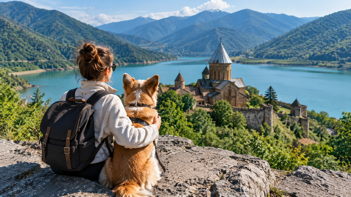A woman with a backpack sitting beside her dog on a rock, overlooking Ananuri Fortress on the Zhinvali Reservoir with the Caucasus mountains behind — illustrating traveling with a dog in Georgia.