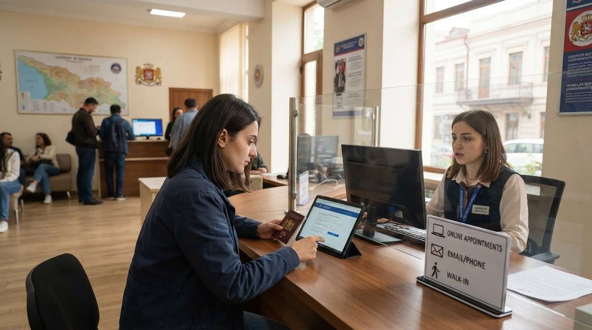 A woman holding a passport and tablet while speaking with a consular staff member at a reception desk, with an "Online Appointments" sign in front and a map of Georgia on the wall.